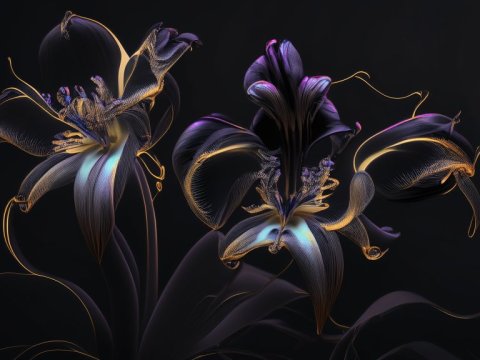 Elegant Neon-Lit Abstract Flowers on Black Background