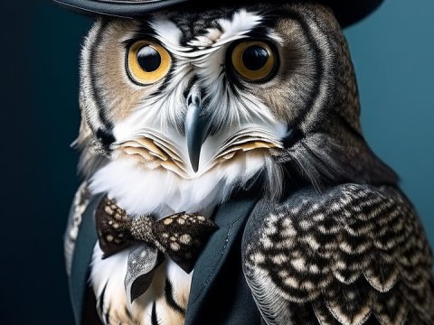 Elegant Owl Wearing a Victorian Top Hat and Bow Tie