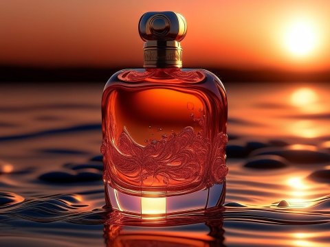Elegant Perfume Bottle at Sunset on Water Surface