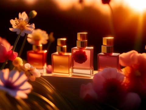 Elegant Perfume Bottles Amidst Soft Floral Glow