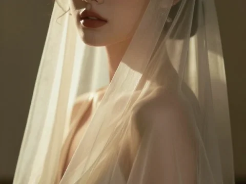 Elegant Portrait of Woman Draped in Sheer Chiffon Veil