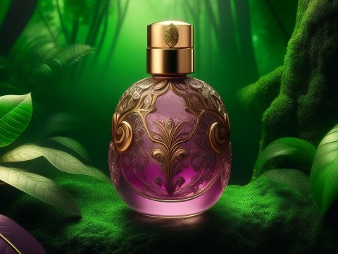 Elegant Purple Perfume Bottle in Lush Green Forest