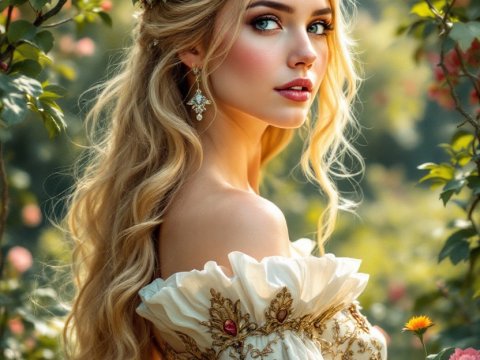 Elegant Queen in Ornate Dress Among Blossoms