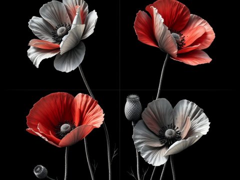 Elegant Red and White Poppies on Black Background