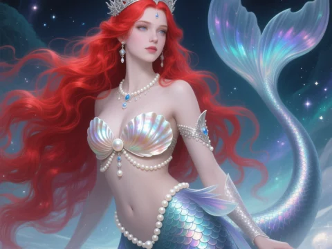 Elegant Red-Haired Mermaid Queen Under Starry Sky