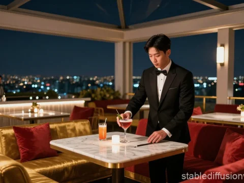 Elegant Rooftop Bar Night Scene with Bartender