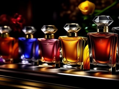 Elegant Row of Colorful Perfume Bottles with Floral Background