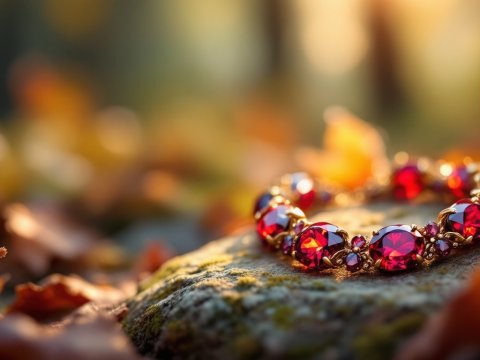 Elegant Ruby Bracelet on Autumn Leaves