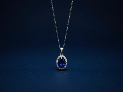 Elegant Sapphire Pendant Necklace on Dark Blue Background