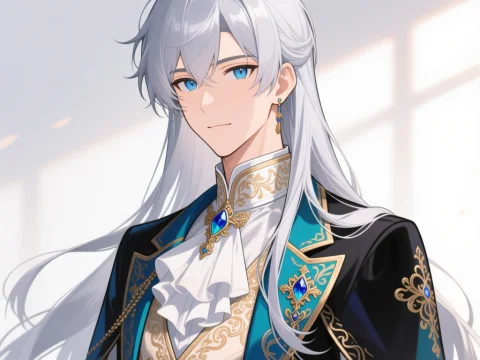 Elegant Silver-Haired Aristocrat Youth in Ornate Attire