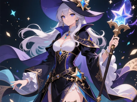 Elegant Sorceress with Starry Magic Staff