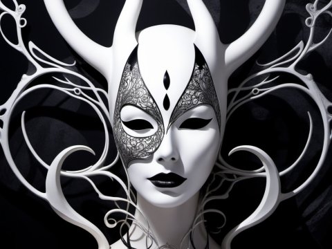 Elegant Surreal Masked Figure with Intricate Horns