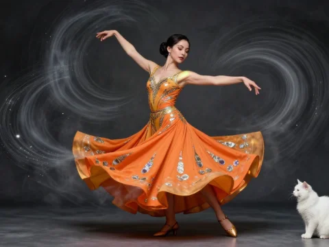 Elegant Tango Dancer in Flowing Orange Dress with White Cat