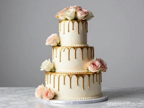 Elegant Three-Tier Birthday Cake with Gold Drip and Roses