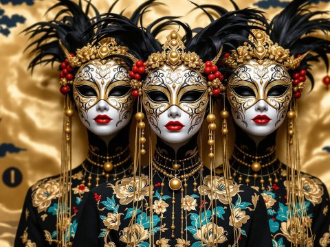 Elegant Trio in Ornate Venetian Masks with Asian Motifs