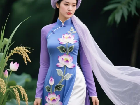 Elegant Vietnamese Ao Dai with Lotus Floral Design