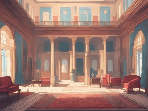 Elegant Vintage Interior with Tall Columns and Red Furnishings