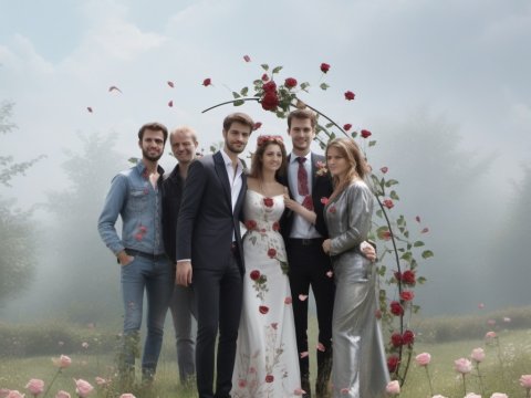 Elegant Wedding Group Portrait in a Floral Garden