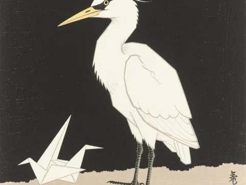 Elegant White Heron with Origami Crane in Japanese Style