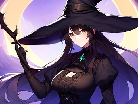 Elegant Witch with Crescent Moon Background