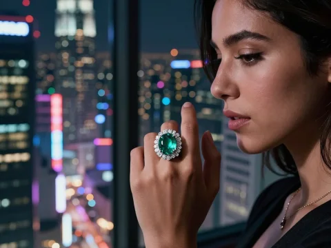 Elegant Woman Admiring Emerald Ring in City Nightscape