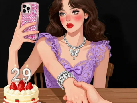 Elegant Woman Celebrating 29th Birthday with Selfie and Handshake