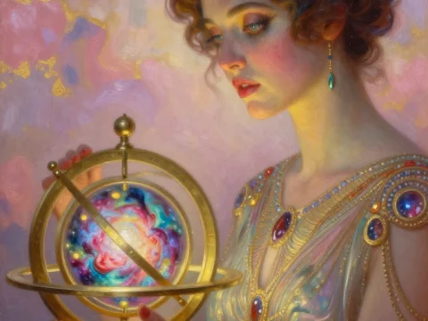 Elegant Woman Holding a Mystical Astrolabe
