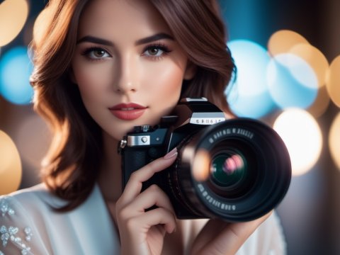 Elegant Woman Holding Professional Camera with Bokeh Lights