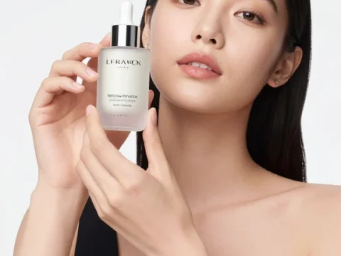 Elegant Woman Holding Skincare Serum Bottle