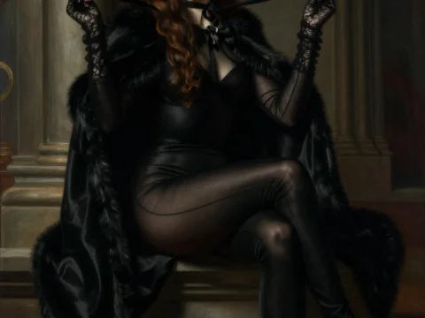 Elegant Woman in Black Catsuit and Fur Cape