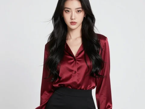 Elegant Woman in Burgundy Satin Blouse and Black Skirt