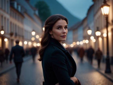 Elegant Woman in Evening Street Scene