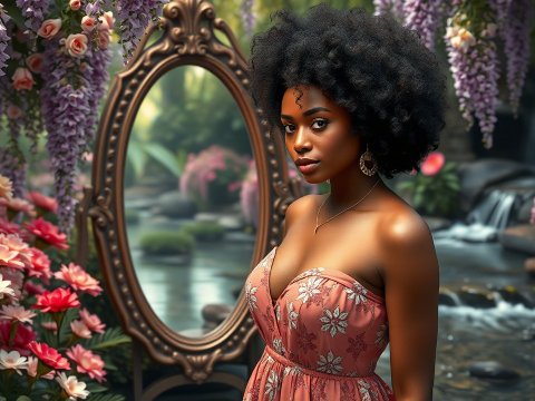 Elegant Woman in Floral Garden with Ornate Mirror