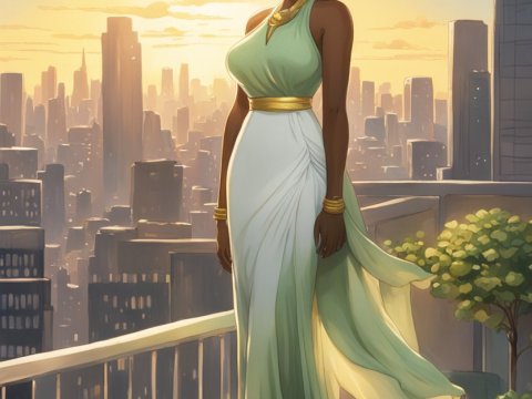 Elegant Woman in Flowing Dress at Sunset Balcony