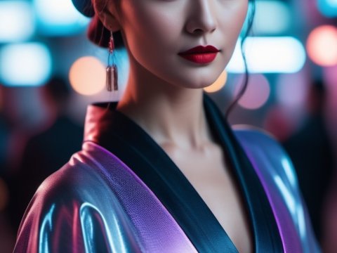 Elegant Woman in Futuristic Kimono with Neon Glow