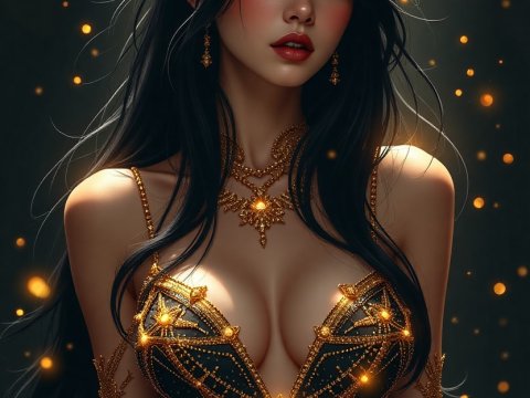 Elegant Woman in Glowing Golden Jewelry