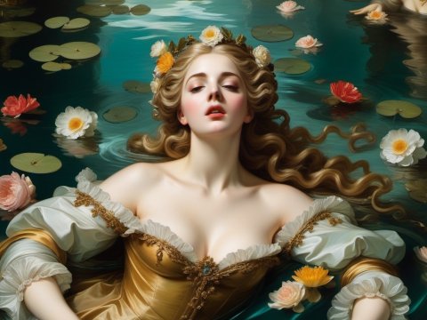 Elegant Woman in Golden Dress Floating Among Water Lilies