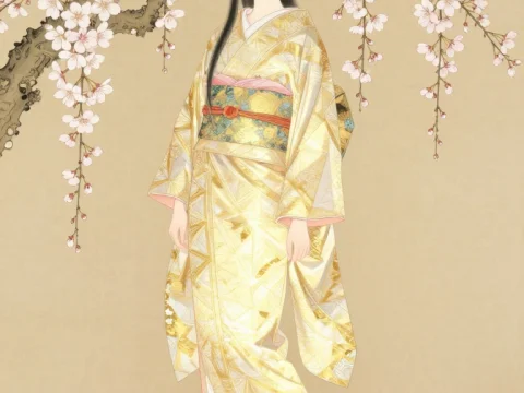 Elegant Woman in Golden Kimono Under Cherry Blossoms