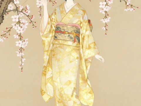 Elegant Woman in Nishijin Kimono with Cherry Blossoms