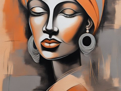 Elegant Woman in Orange Headwrap Abstract Portrait