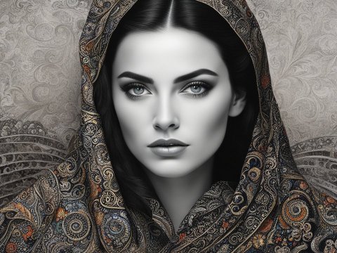 Elegant Woman in Ornate Shawl with Intricate Patterns