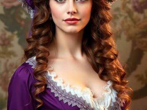 Elegant Woman in Purple Vintage Dress with Floral Headpiece