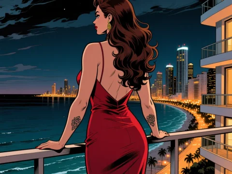Elegant Woman in Red Dress Overlooking Miami Nightscape