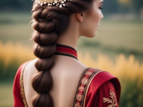 Elegant Woman in Red Dress with Braided Hair and Floral Headpiece