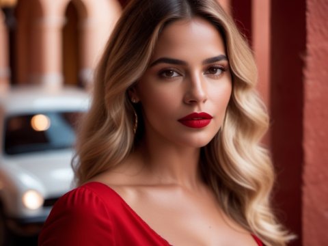 Elegant Woman in Red Dress with Classic Car Background