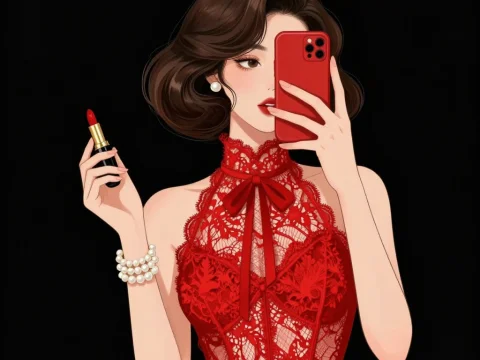 Elegant Woman in Red Lace Top Taking a Selfie
