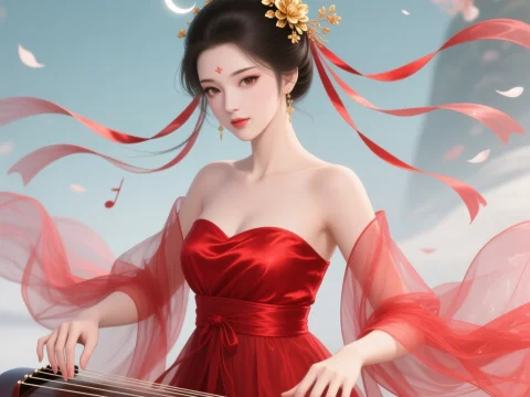 Elegant Woman in Red Playing Guzheng with Cherry Blossoms