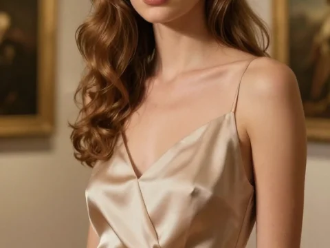 Elegant Woman in Satin Dress in Art Gallery