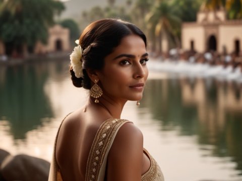 Elegant Woman in Traditional Attire by Serene Lake