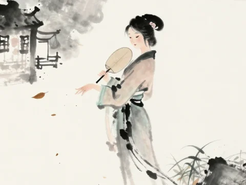 Elegant Woman in Traditional Attire with Autumn Leaves